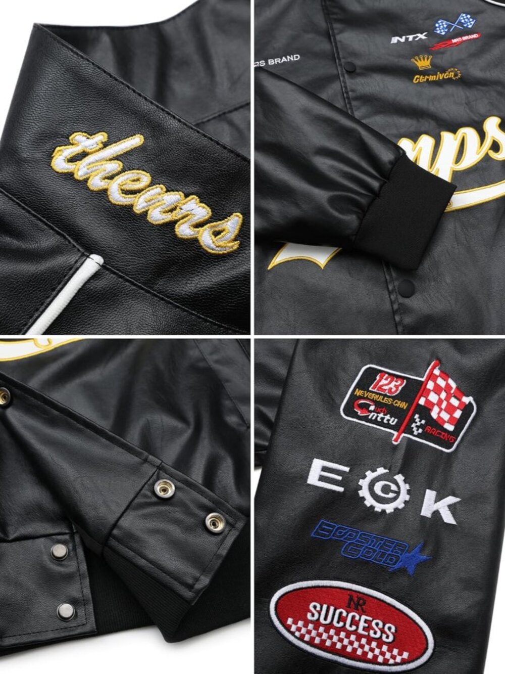 Faux Leather Motocross Jackets Oversized Vintage Racing Varsity Bomber Coat Men - Picture 6 of 6